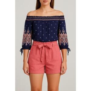 Draper James RSVP Womens Linen Blend Paperbag Shorts Heathered Pink Cruise Large